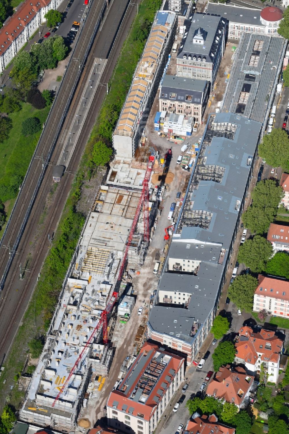 Leipzig from the bird's eye view: Construction site for the conversion and expansion of the listed old building buildings of the Bleichertwerke by CG Group AG in the district of Gohlis in Leipzig in the state of Saxony, Germany