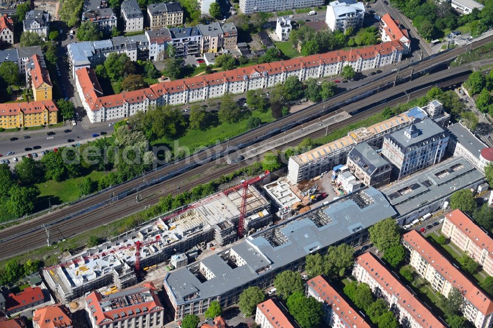 Aerial image Leipzig - Construction site for the conversion and expansion of the listed old building buildings of the Bleichertwerke by CG Group AG in the district of Gohlis in Leipzig in the state of Saxony, Germany