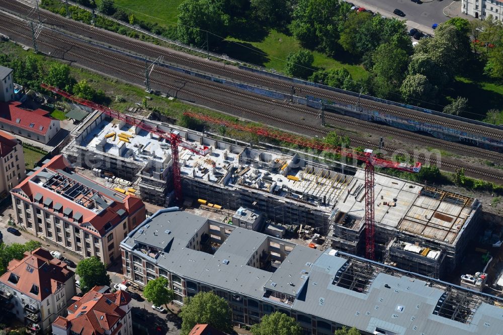 Aerial photograph Leipzig - Construction site for the conversion and expansion of the listed old building buildings of the Bleichertwerke by CG Group AG in the district of Gohlis in Leipzig in the state of Saxony, Germany