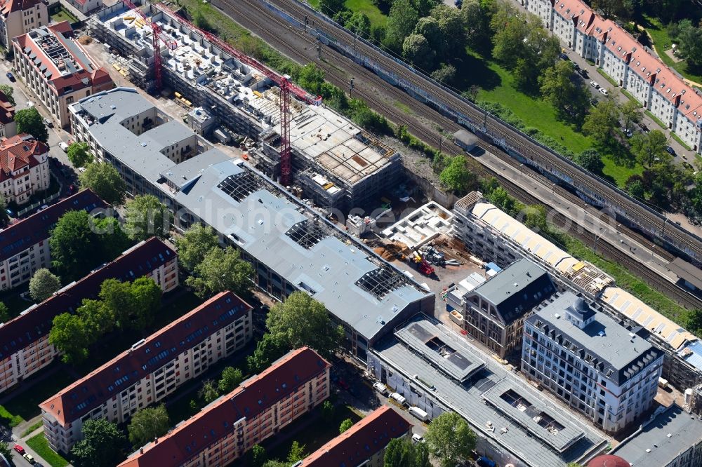 Leipzig from above - Construction site for the conversion and expansion of the listed old building buildings of the Bleichertwerke by CG Group AG in the district of Gohlis in Leipzig in the state of Saxony, Germany