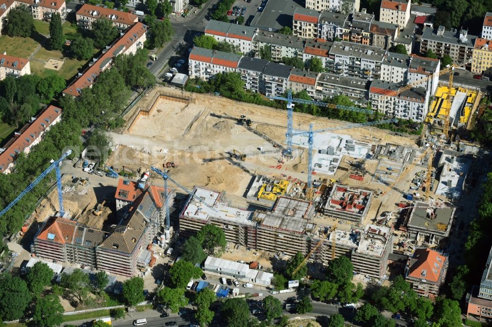 Berlin from the bird's eye view: Construction for the reconstruction and expansion of the old buildings listed building of AVILA Projektmanagement GmbH on Mariendorfer Weg in the district Neukoelln in Berlin