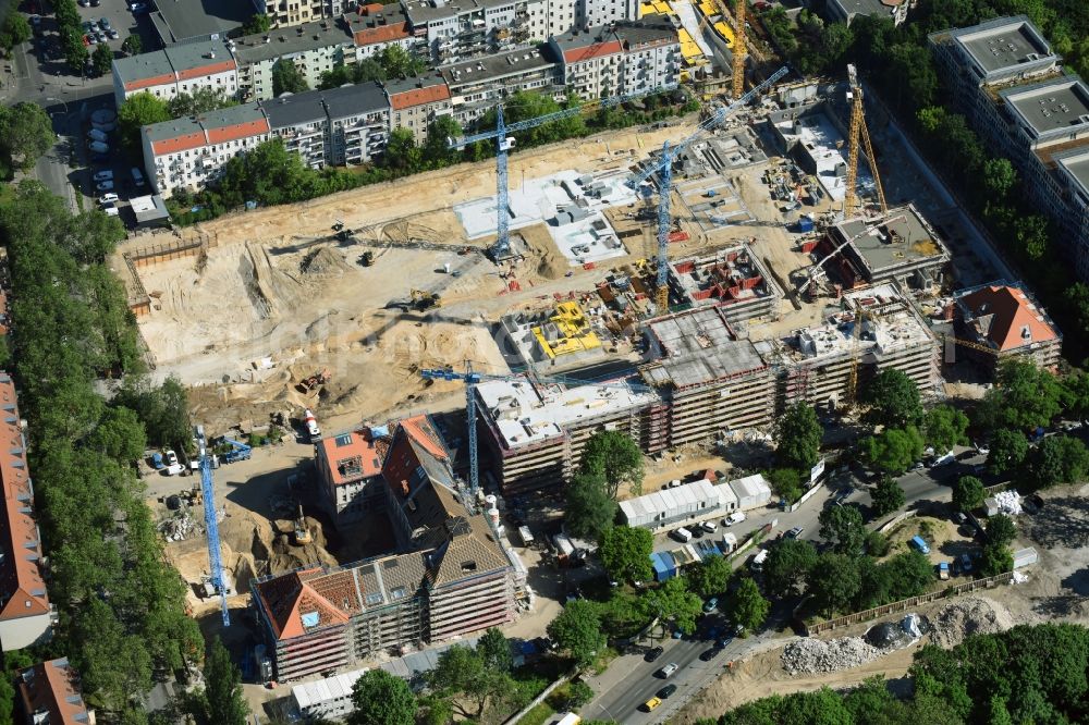 Berlin from the bird's eye view: Construction for the reconstruction and expansion of the old buildings listed building of AVILA Projektmanagement GmbH on Mariendorfer Weg in the district Neukoelln in Berlin