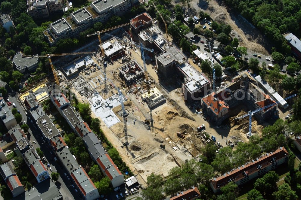 Berlin from the bird's eye view: Construction for the reconstruction and expansion of the old buildings listed building of AVILA Projektmanagement GmbH on Mariendorfer Weg in the district Neukoelln in Berlin