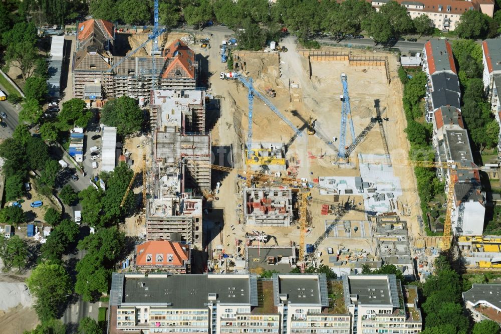 Berlin from the bird's eye view: Construction for the reconstruction and expansion of the old buildings listed building of AVILA Projektmanagement GmbH on Mariendorfer Weg in the district Neukoelln in Berlin