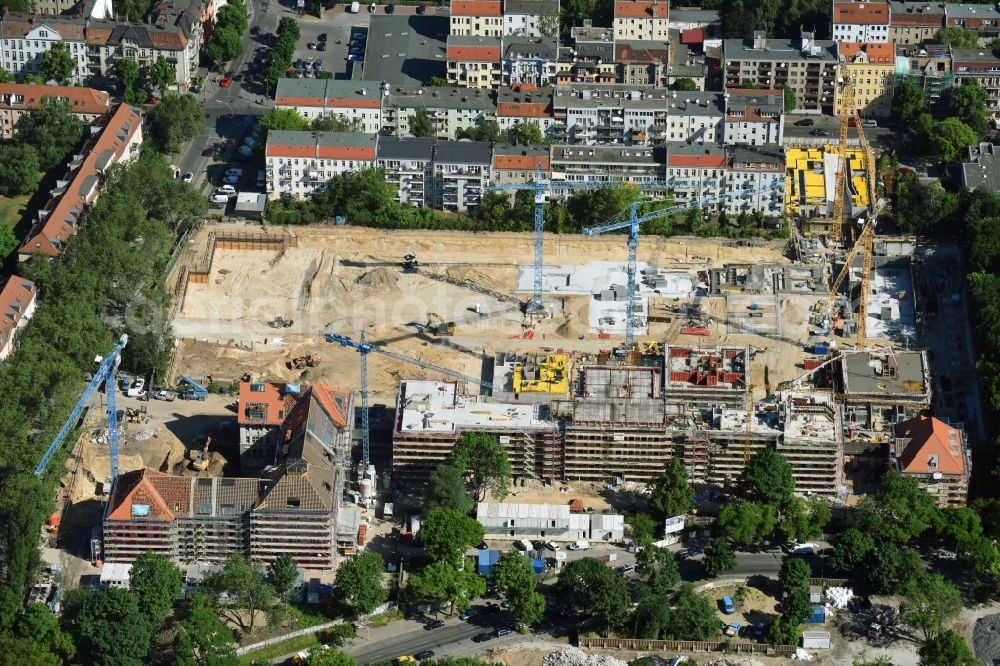 Berlin from the bird's eye view: Construction for the reconstruction and expansion of the old buildings listed building of AVILA Projektmanagement GmbH on Mariendorfer Weg in the district Neukoelln in Berlin