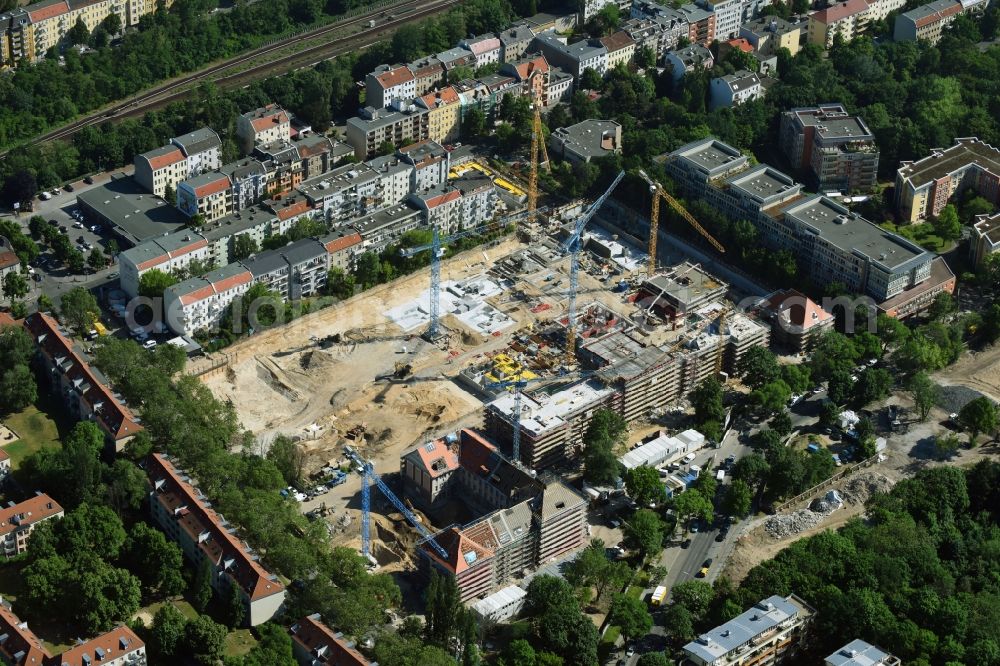 Aerial image Berlin - Construction for the reconstruction and expansion of the old buildings listed building of AVILA Projektmanagement GmbH on Mariendorfer Weg in the district Neukoelln in Berlin