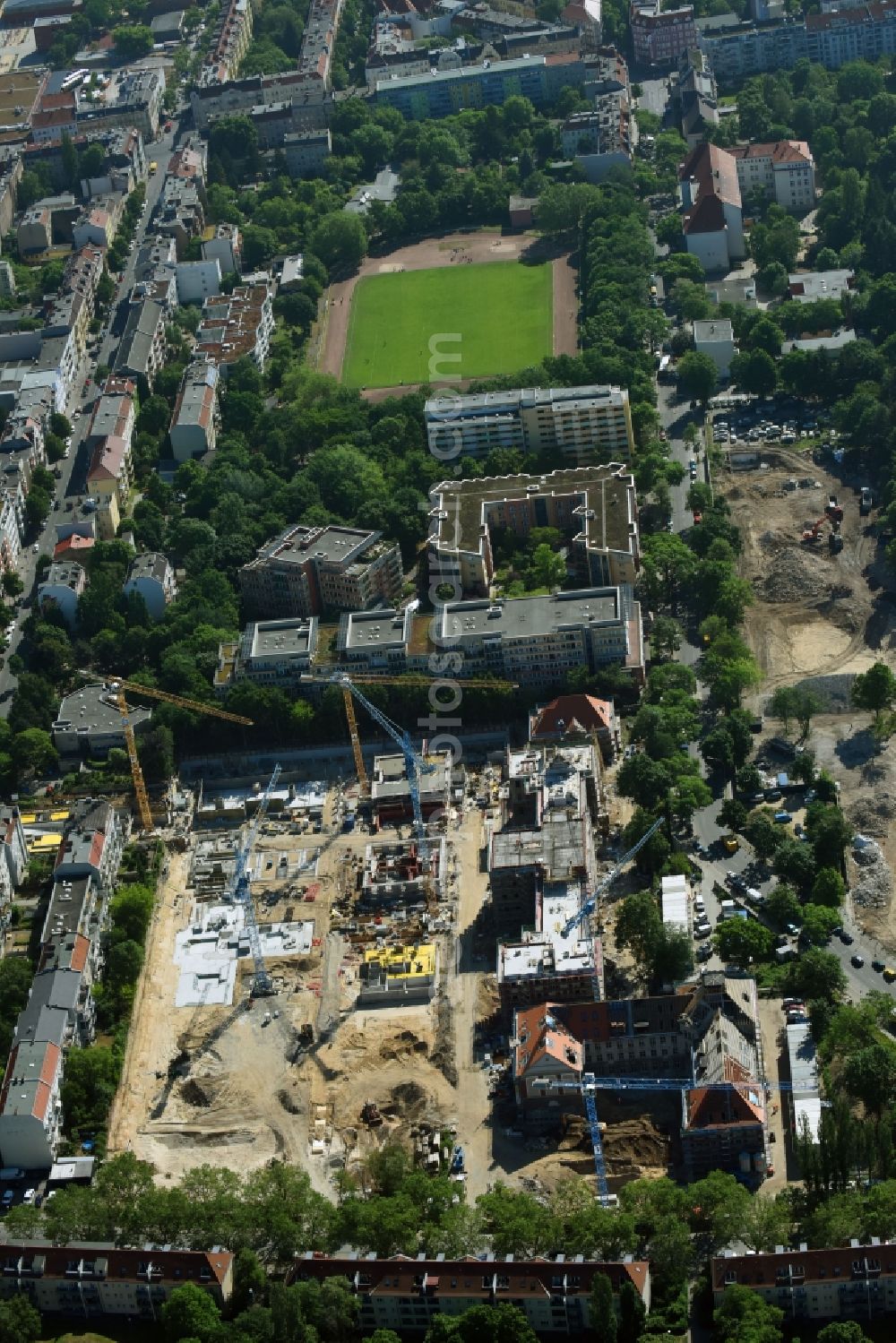 Berlin from above - Construction for the reconstruction and expansion of the old buildings listed building of AVILA Projektmanagement GmbH on Mariendorfer Weg in the district Neukoelln in Berlin