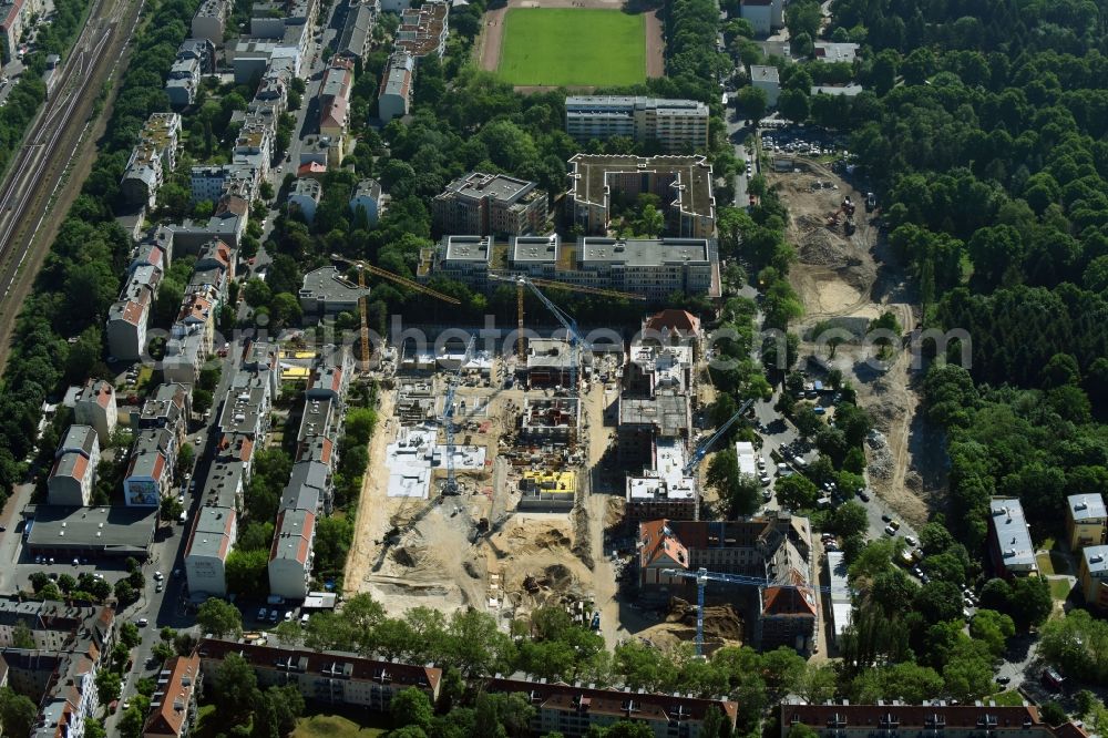 Berlin from the bird's eye view: Construction for the reconstruction and expansion of the old buildings listed building of AVILA Projektmanagement GmbH on Mariendorfer Weg in the district Neukoelln in Berlin