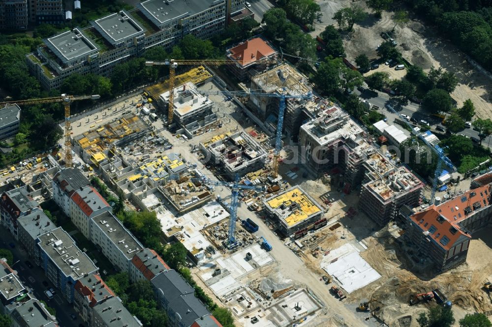 Berlin from the bird's eye view: Construction for the reconstruction and expansion of the old buildings listed building of AVILA Projektmanagement GmbH on Mariendorfer Weg in the district Neukoelln in Berlin