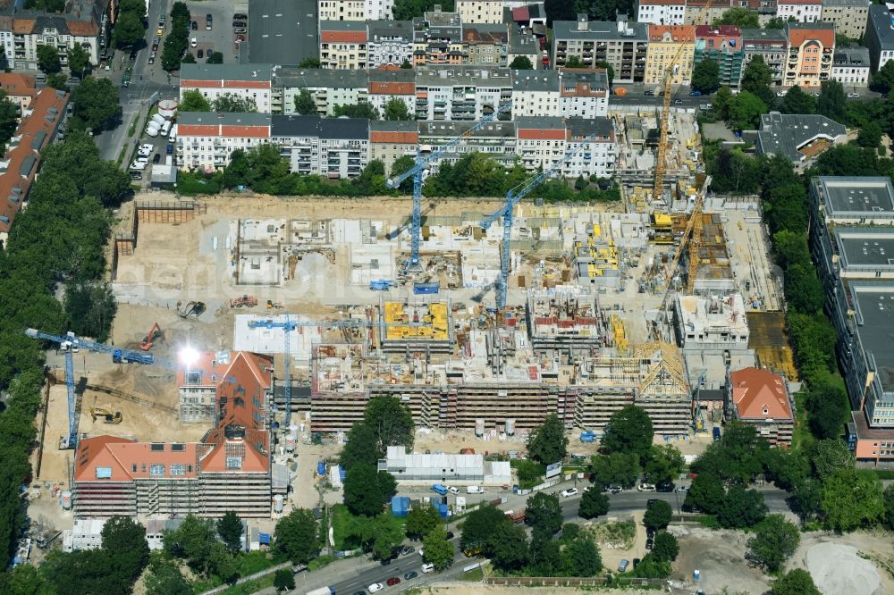 Berlin from the bird's eye view: Construction for the reconstruction and expansion of the old buildings listed building of AVILA Projektmanagement GmbH on Mariendorfer Weg in the district Neukoelln in Berlin