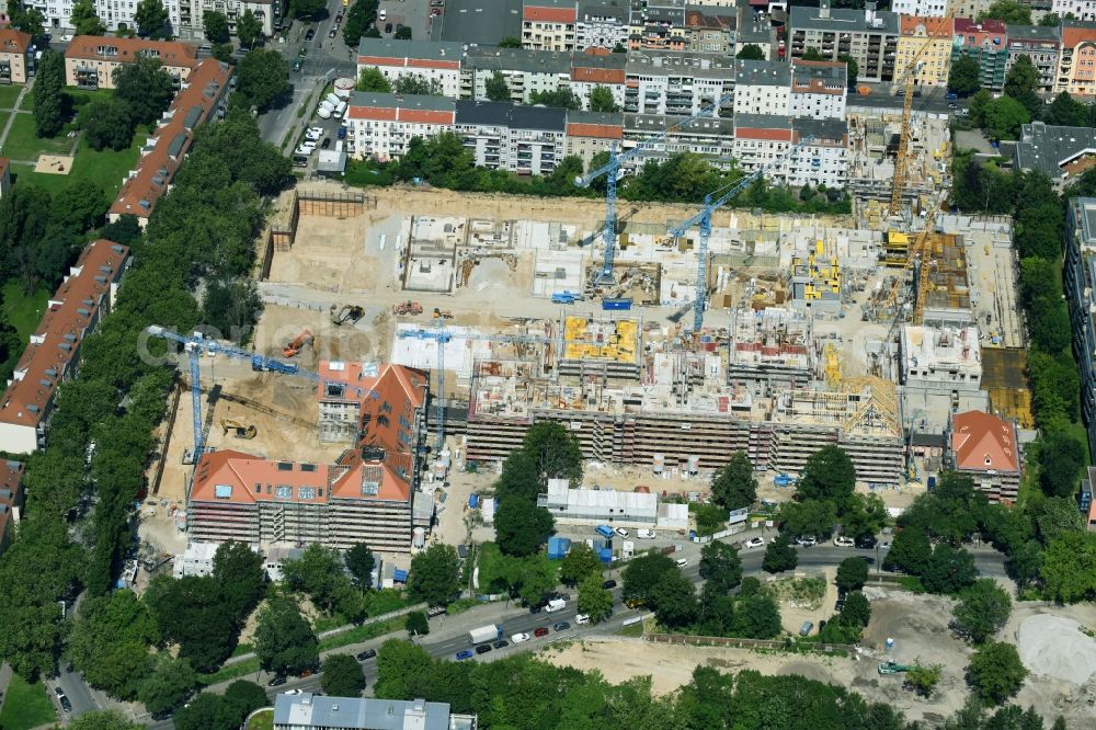 Aerial image Berlin - Construction for the reconstruction and expansion of the old buildings listed building of AVILA Projektmanagement GmbH on Mariendorfer Weg in the district Neukoelln in Berlin