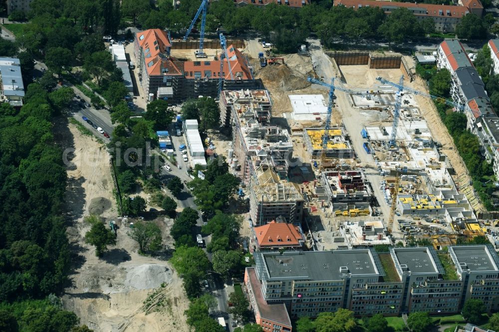 Berlin from the bird's eye view: Construction for the reconstruction and expansion of the old buildings listed building of AVILA Projektmanagement GmbH on Mariendorfer Weg in the district Neukoelln in Berlin