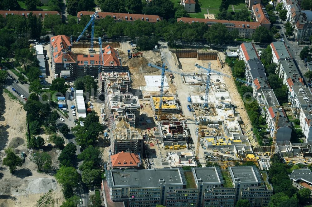 Aerial image Berlin - Construction for the reconstruction and expansion of the old buildings listed building of AVILA Projektmanagement GmbH on Mariendorfer Weg in the district Neukoelln in Berlin