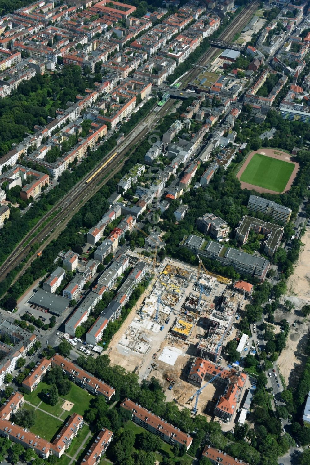 Aerial image Berlin - Construction for the reconstruction and expansion of the old buildings listed building of AVILA Projektmanagement GmbH on Mariendorfer Weg in the district Neukoelln in Berlin