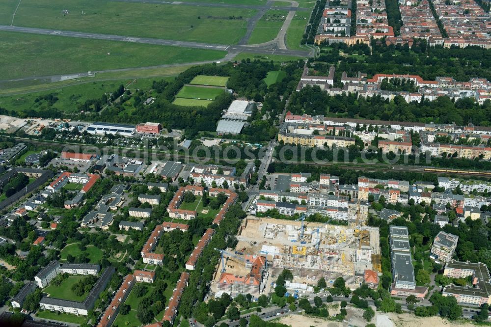 Berlin from the bird's eye view: Construction for the reconstruction and expansion of the old buildings listed building of AVILA Projektmanagement GmbH on Mariendorfer Weg in the district Neukoelln in Berlin