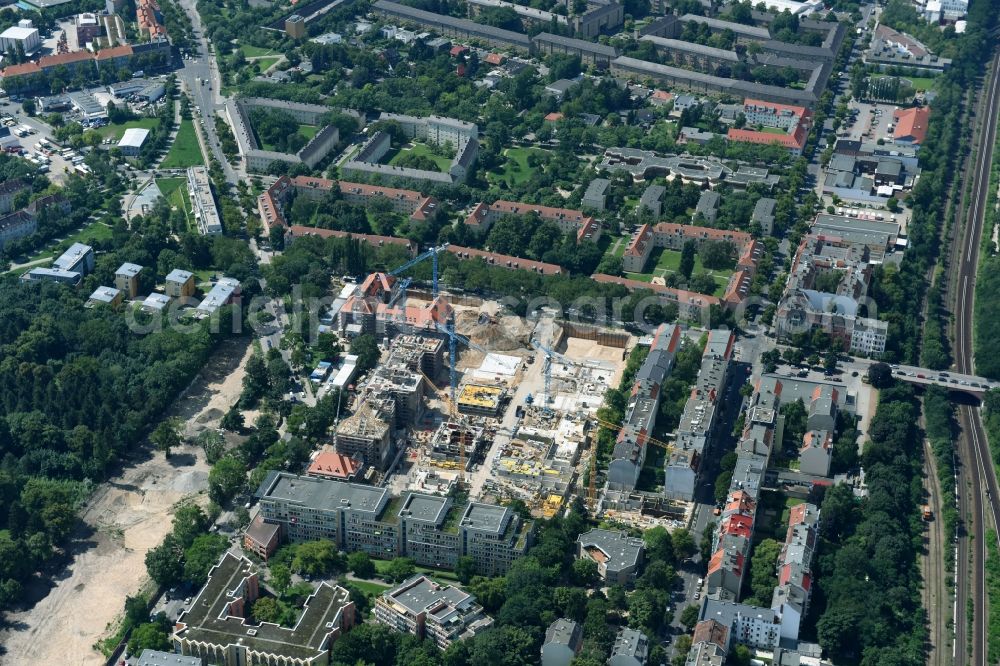 Berlin from the bird's eye view: Construction for the reconstruction and expansion of the old buildings listed building of AVILA Projektmanagement GmbH on Mariendorfer Weg in the district Neukoelln in Berlin