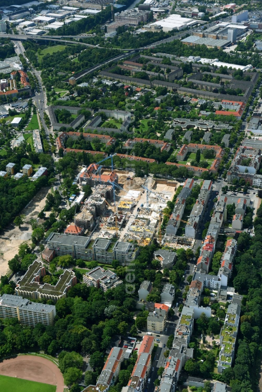 Aerial image Berlin - Construction for the reconstruction and expansion of the old buildings listed building of AVILA Projektmanagement GmbH on Mariendorfer Weg in the district Neukoelln in Berlin