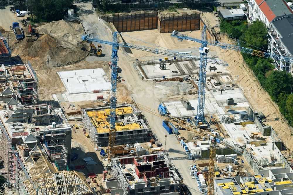 Berlin from the bird's eye view: Construction for the reconstruction and expansion of the old buildings listed building of AVILA Projektmanagement GmbH on Mariendorfer Weg in the district Neukoelln in Berlin