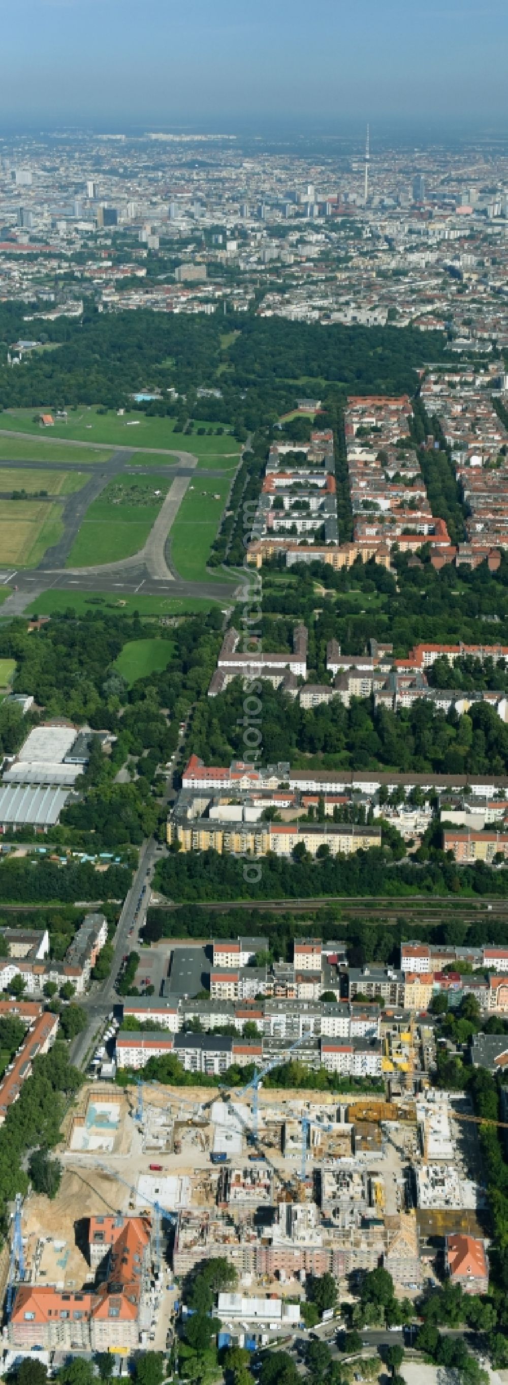 Berlin from above - Construction for the reconstruction and expansion of the old buildings listed building of AVILA Projektmanagement GmbH on Mariendorfer Weg in the district Neukoelln in Berlin