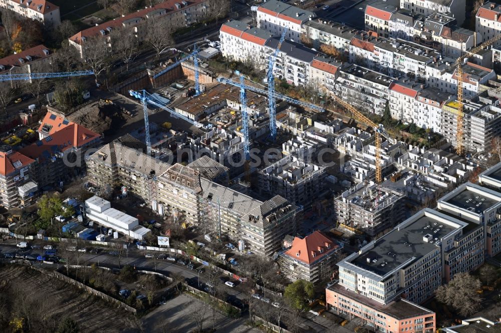 Berlin from the bird's eye view: Construction for the reconstruction and expansion of the old buildings listed building of AVILA Projektmanagement GmbH on Mariendorfer Weg in the district Neukoelln in Berlin