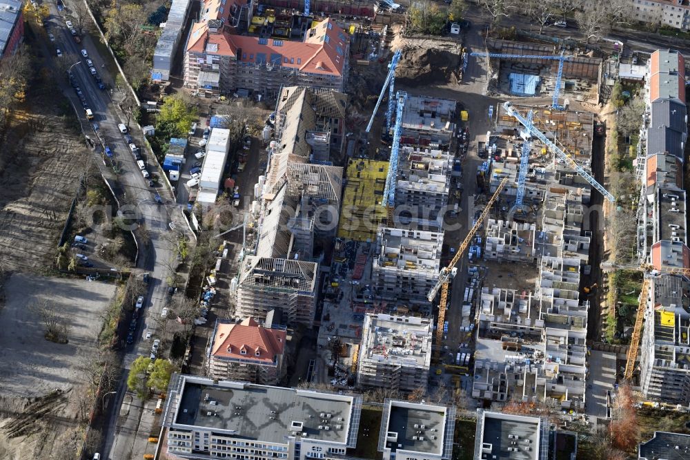 Berlin from the bird's eye view: Construction for the reconstruction and expansion of the old buildings listed building of AVILA Projektmanagement GmbH on Mariendorfer Weg in the district Neukoelln in Berlin