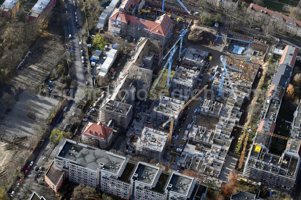 Aerial image Berlin - Construction for the reconstruction and expansion of the old buildings listed building of AVILA Projektmanagement GmbH on Mariendorfer Weg in the district Neukoelln in Berlin