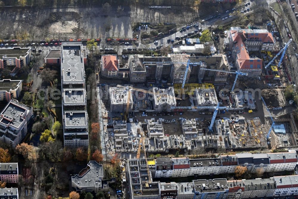 Berlin from above - Construction for the reconstruction and expansion of the old buildings listed building of AVILA Projektmanagement GmbH on Mariendorfer Weg in the district Neukoelln in Berlin