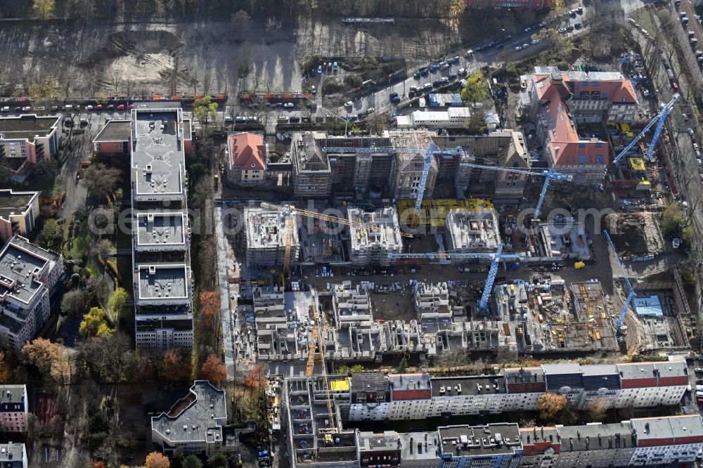 Berlin from the bird's eye view: Construction for the reconstruction and expansion of the old buildings listed building of AVILA Projektmanagement GmbH on Mariendorfer Weg in the district Neukoelln in Berlin