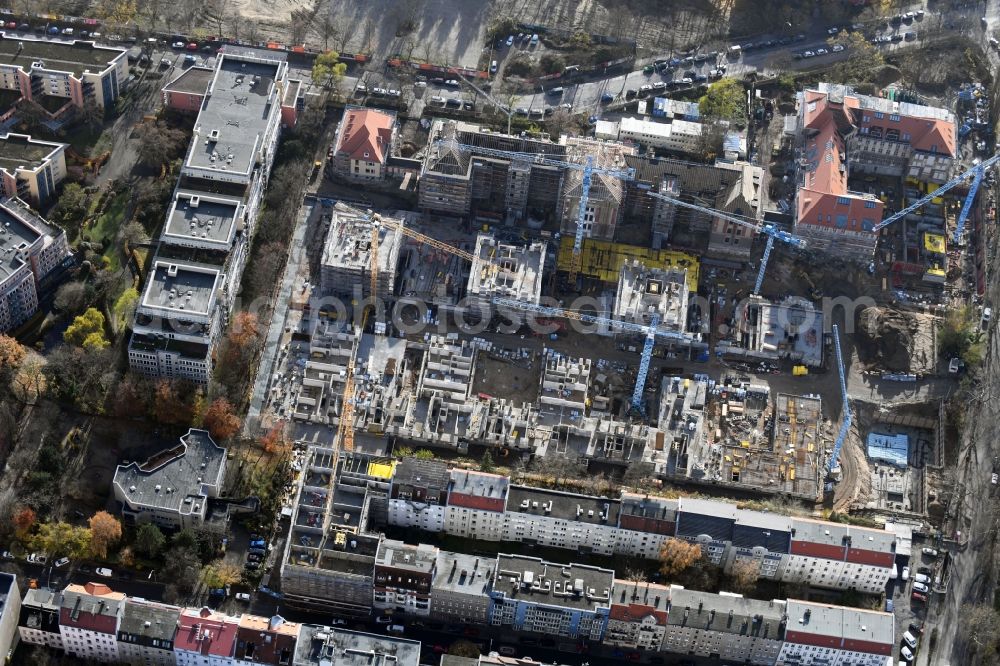 Aerial image Berlin - Construction for the reconstruction and expansion of the old buildings listed building of AVILA Projektmanagement GmbH on Mariendorfer Weg in the district Neukoelln in Berlin