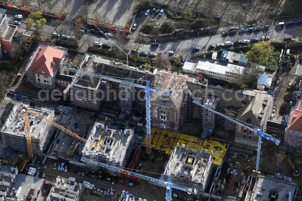 Berlin from above - Construction for the reconstruction and expansion of the old buildings listed building of AVILA Projektmanagement GmbH on Mariendorfer Weg in the district Neukoelln in Berlin