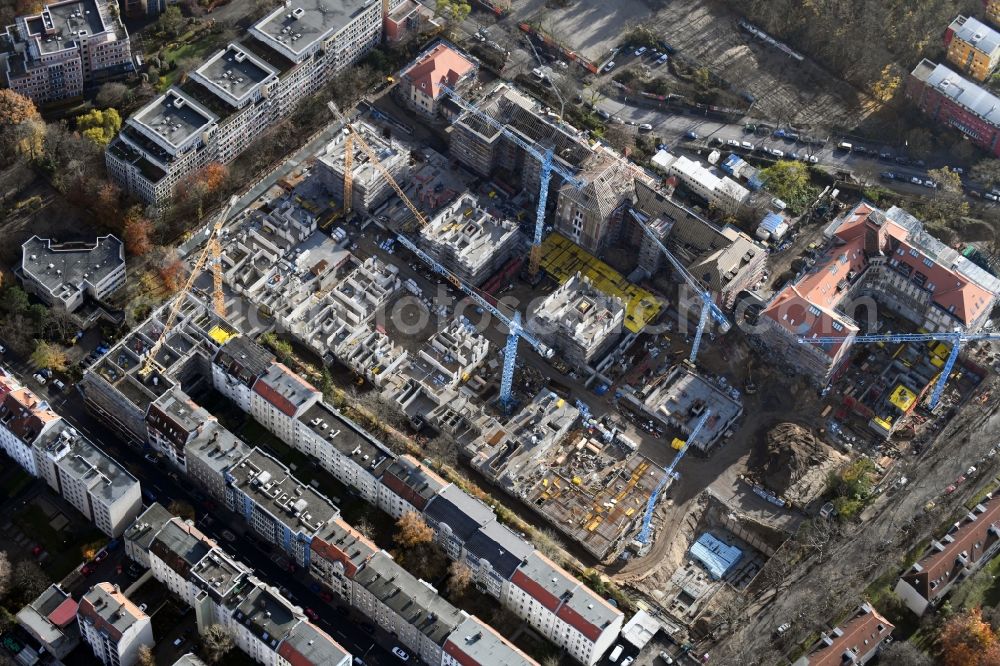 Berlin from the bird's eye view: Construction for the reconstruction and expansion of the old buildings listed building of AVILA Projektmanagement GmbH on Mariendorfer Weg in the district Neukoelln in Berlin