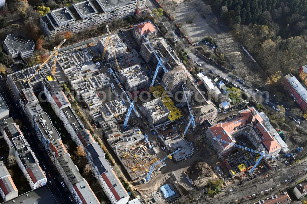 Aerial image Berlin - Construction for the reconstruction and expansion of the old buildings listed building of AVILA Projektmanagement GmbH on Mariendorfer Weg in the district Neukoelln in Berlin