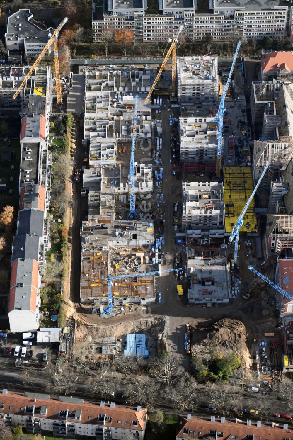 Berlin from above - Construction for the reconstruction and expansion of the old buildings listed building of AVILA Projektmanagement GmbH on Mariendorfer Weg in the district Neukoelln in Berlin