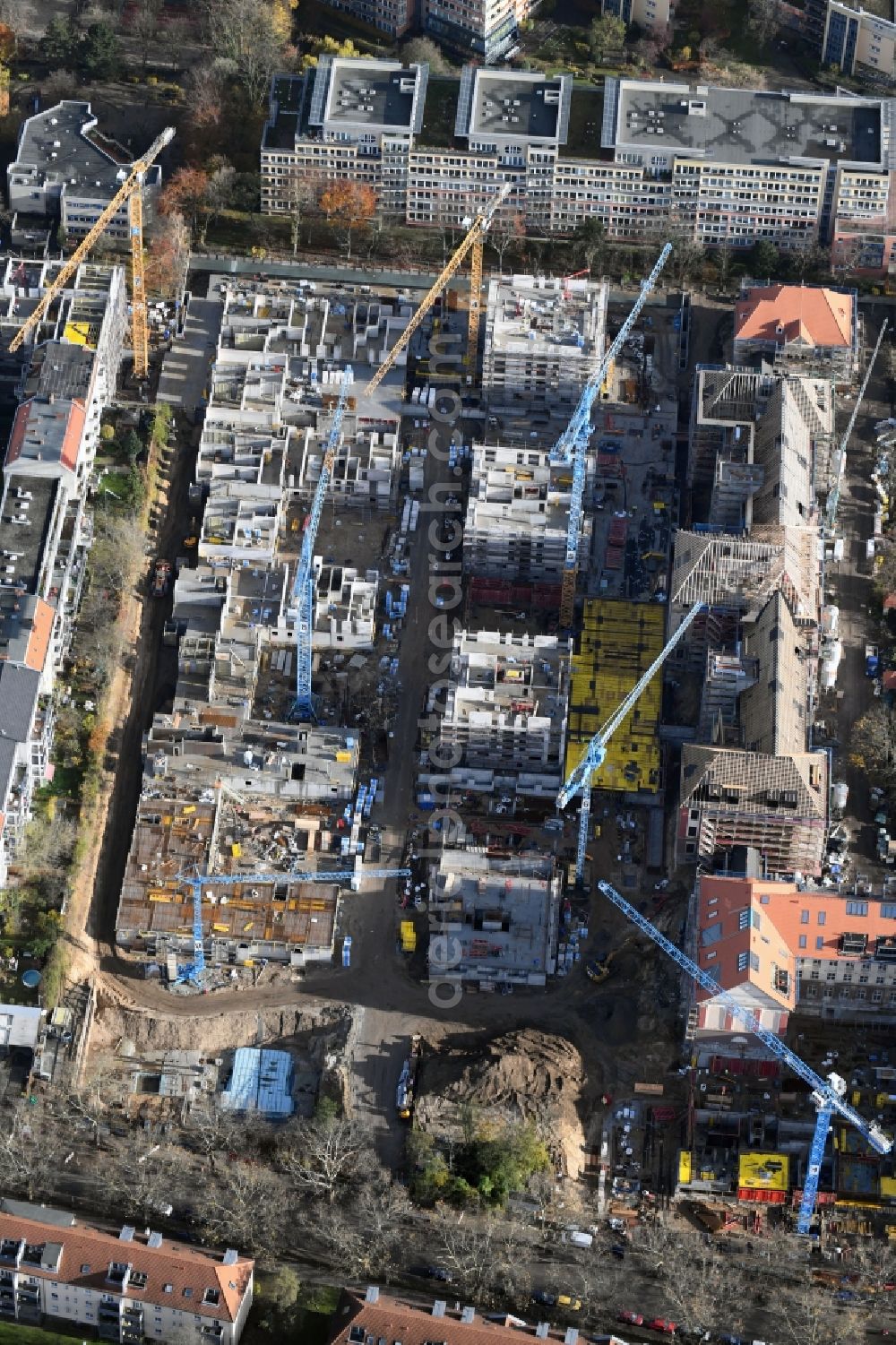 Berlin from the bird's eye view: Construction for the reconstruction and expansion of the old buildings listed building of AVILA Projektmanagement GmbH on Mariendorfer Weg in the district Neukoelln in Berlin