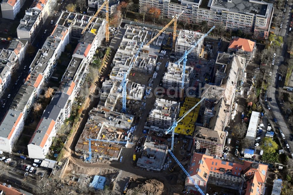 Aerial image Berlin - Construction for the reconstruction and expansion of the old buildings listed building of AVILA Projektmanagement GmbH on Mariendorfer Weg in the district Neukoelln in Berlin