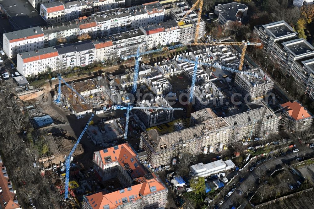 Berlin from the bird's eye view: Construction for the reconstruction and expansion of the old buildings listed building of AVILA Projektmanagement GmbH on Mariendorfer Weg in the district Neukoelln in Berlin