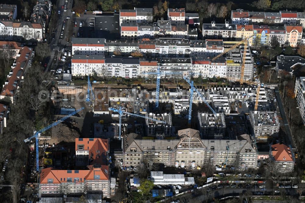 Aerial image Berlin - Construction for the reconstruction and expansion of the old buildings listed building of AVILA Projektmanagement GmbH on Mariendorfer Weg in the district Neukoelln in Berlin