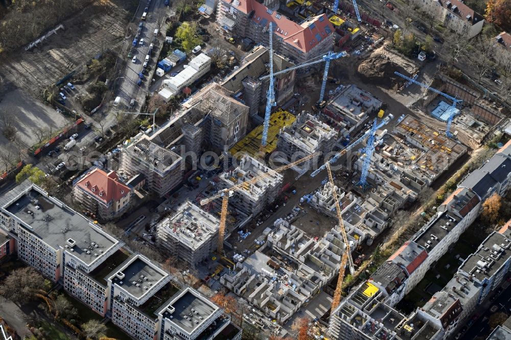 Aerial image Berlin - Construction for the reconstruction and expansion of the old buildings listed building of AVILA Projektmanagement GmbH on Mariendorfer Weg in the district Neukoelln in Berlin