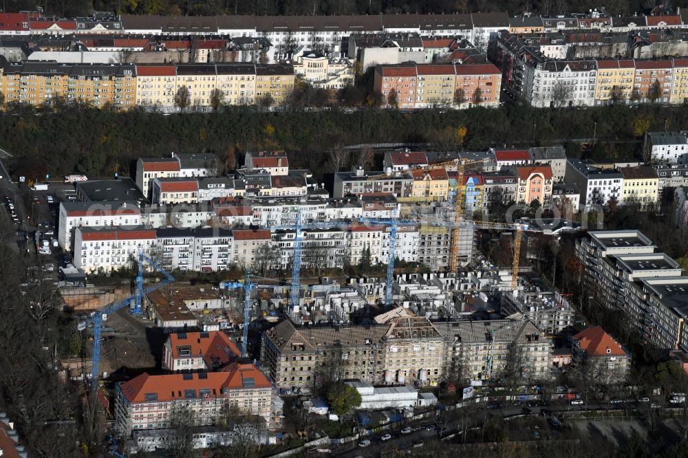 Aerial image Berlin - Construction for the reconstruction and expansion of the old buildings listed building of AVILA Projektmanagement GmbH on Mariendorfer Weg in the district Neukoelln in Berlin