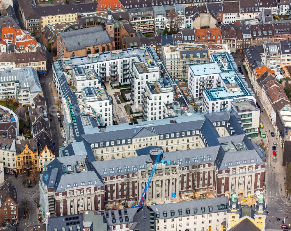 Aerial photograph Düsseldorf - Construction for the reconstruction and expansion of the old buildings listed building the formerly curt on Muehlenstrasse in Duesseldorf in the state North Rhine-Westphalia