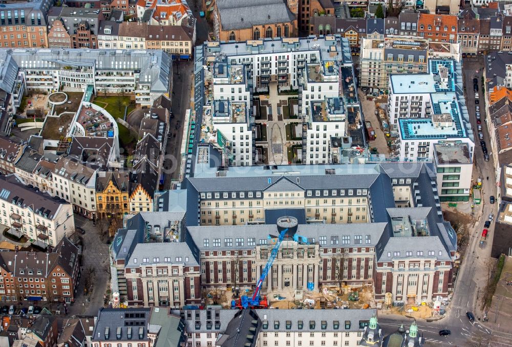 Düsseldorf from above - Construction for the reconstruction and expansion of the old buildings listed building the formerly curt on Muehlenstrasse in Duesseldorf in the state North Rhine-Westphalia