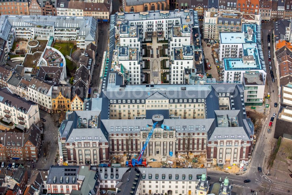 Düsseldorf from the bird's eye view: Construction for the reconstruction and expansion of the old buildings listed building the formerly curt on Muehlenstrasse in Duesseldorf in the state North Rhine-Westphalia