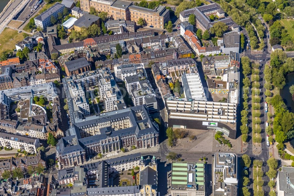 Düsseldorf from above - Construction for the reconstruction and expansion of the old buildings listed building the formerly curt on Muehlenstrasse in Duesseldorf in the state North Rhine-Westphalia