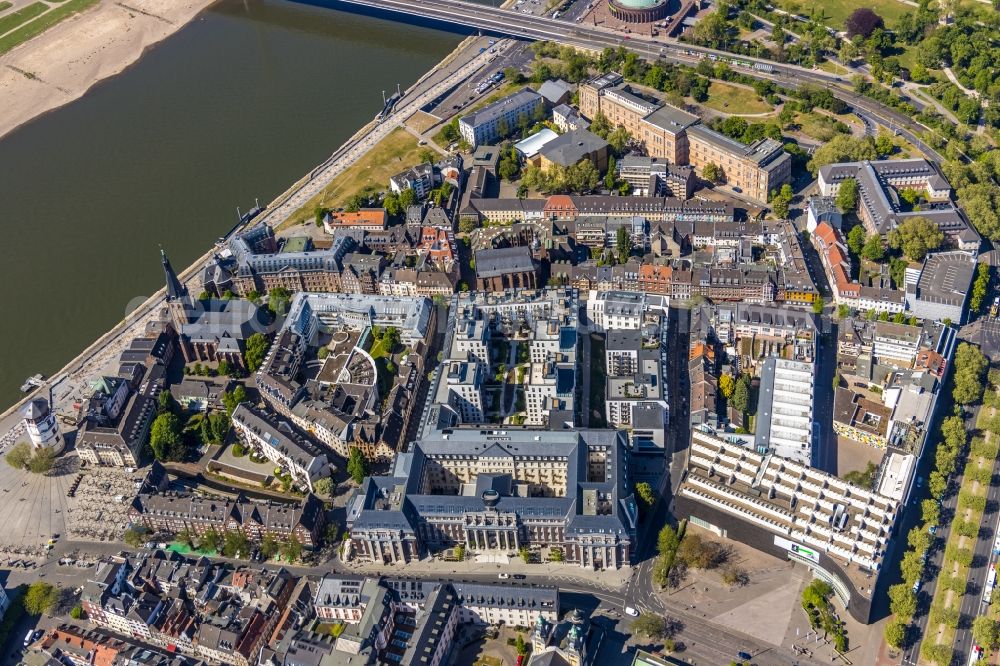 Aerial image Düsseldorf - Construction for the reconstruction and expansion of the old buildings listed building the formerly curt on Muehlenstrasse in Duesseldorf in the state North Rhine-Westphalia