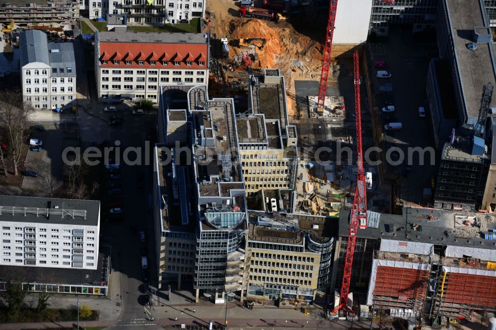 Leipzig from above - Construction for the reconstruction and expansion of the old buildings listed building of Firma REINBAU GmbH on Georgiring corner Grimmaischer Steinweg and Querstrasse in the district Mitte in Leipzig in the state Saxony