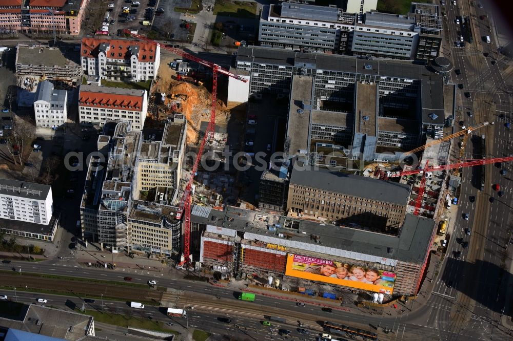 Aerial photograph Leipzig - Construction for the reconstruction and expansion of the old buildings listed building of Firma REINBAU GmbH on Georgiring corner Grimmaischer Steinweg and Querstrasse in the district Mitte in Leipzig in the state Saxony