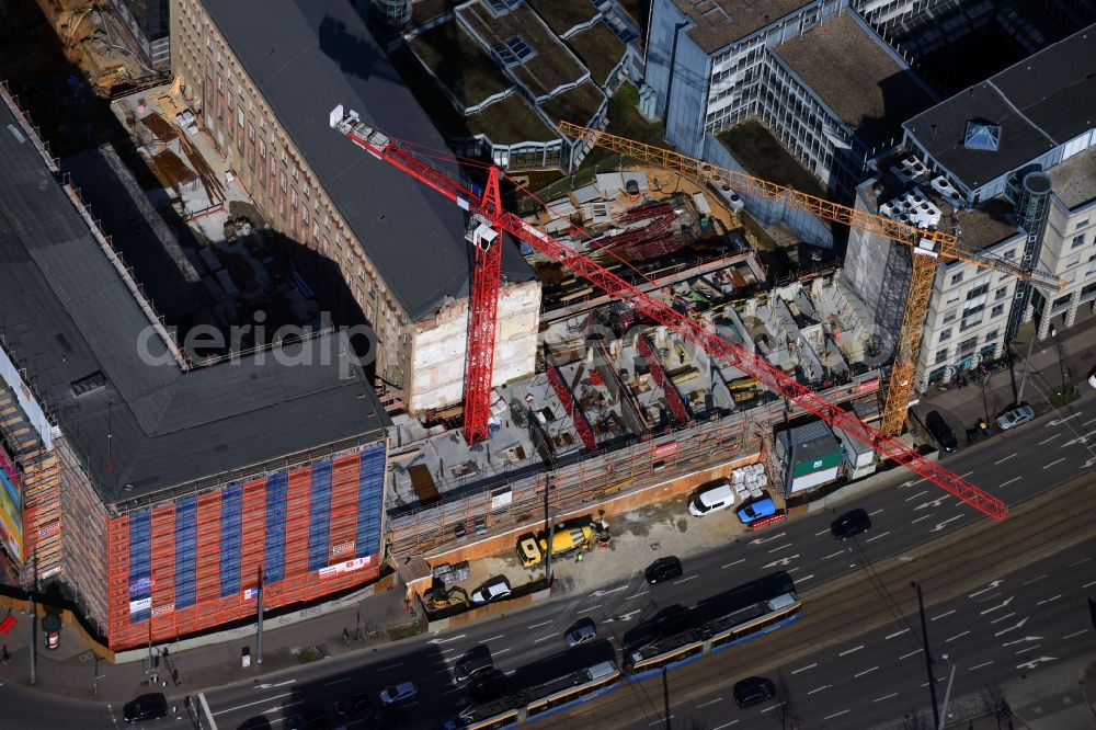 Leipzig from above - Construction for the reconstruction and expansion of the old buildings listed building of Firma REINBAU GmbH on Georgiring corner Grimmaischer Steinweg and Querstrasse in the district Mitte in Leipzig in the state Saxony