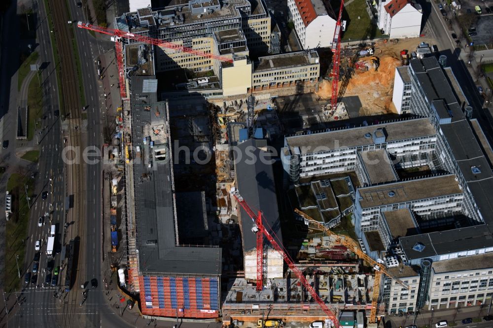 Aerial image Leipzig - Construction for the reconstruction and expansion of the old buildings listed building of Firma REINBAU GmbH on Georgiring corner Grimmaischer Steinweg and Querstrasse in the district Mitte in Leipzig in the state Saxony