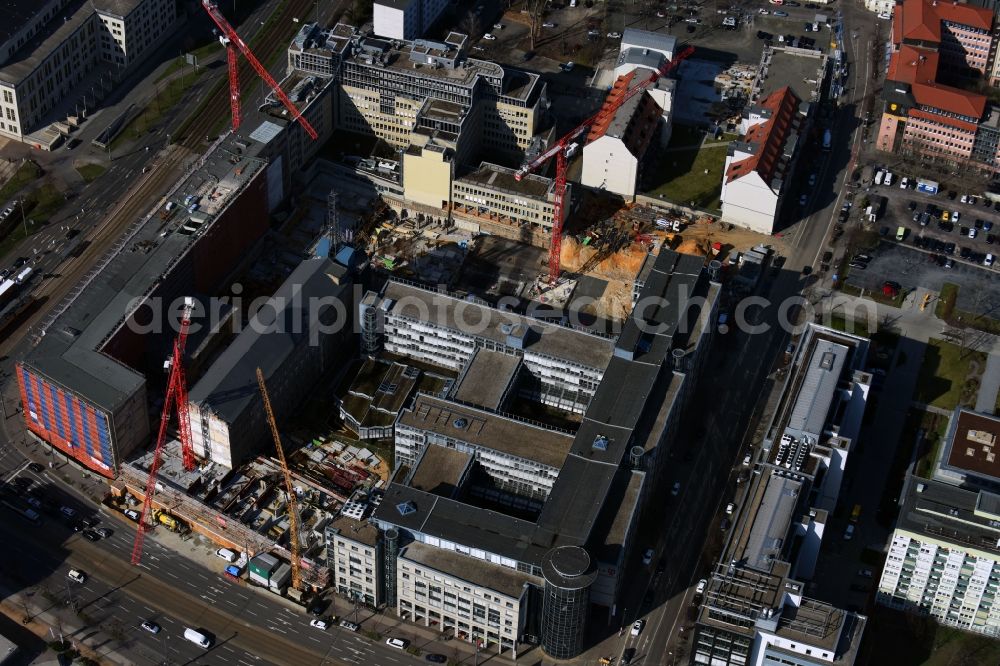 Aerial photograph Leipzig - Construction for the reconstruction and expansion of the old buildings listed building of Firma REINBAU GmbH on Georgiring corner Grimmaischer Steinweg and Querstrasse in the district Mitte in Leipzig in the state Saxony