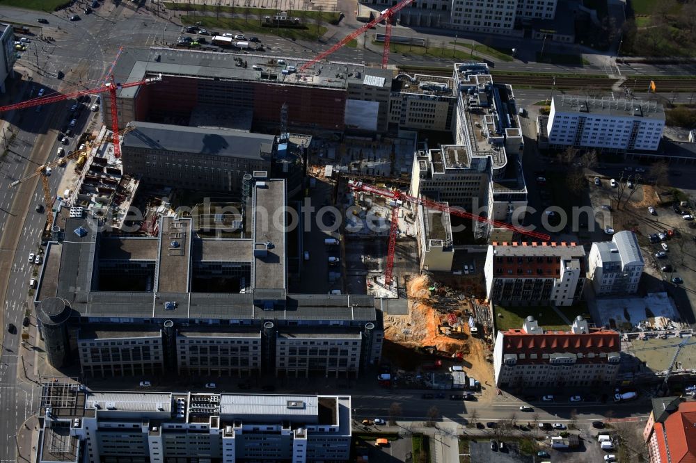 Leipzig from above - Construction for the reconstruction and expansion of the old buildings listed building of Firma REINBAU GmbH on Georgiring corner Grimmaischer Steinweg and Querstrasse in the district Mitte in Leipzig in the state Saxony